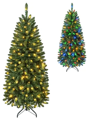 Zdjęcie produktu dla ŚWIĄTECZNE DRZEWKO SZTUCZNE COSTWAY, 150 cm, wąskie, w kształcie świerka, z 170 ciepłobiałymi/wielokolorowymi diodami LED, 9 trybów oświetlenia, 504 końcówki z PVC, metalowa podstawa
