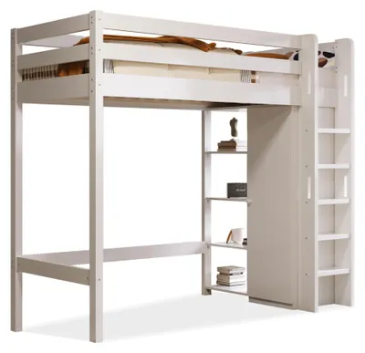 Productafbeelding van Kinderbed, hoogslaper, 90x200 cm, garderobekast, 6 planken, stabiel, eenvoudig te monteren, zonder matras (wit)
