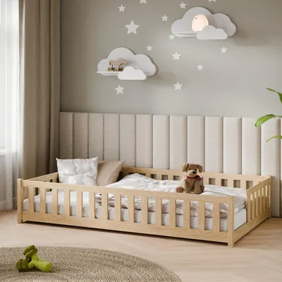 Obrázok produktu pre Detská posteľ s ochrannou bočnicou, roštom a matracom – posteľ Montessori, detská postieľka, posteľ pre deti a mládež, jednolôžková posteľ | 120 x 200 cm | prírodná farba