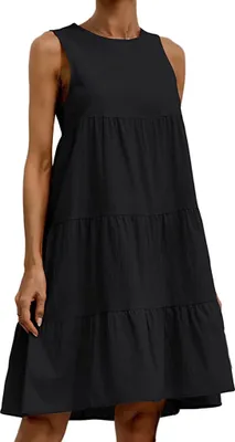 Image de ASKSA Robes Femme Col rond Robe d'été Robe loose sans manches Patchwork Mi-longues, Noir, XL