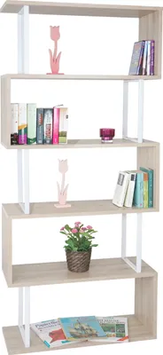 Obrázok produktu pre Regál HWC-A27, stojaci regál, obývacia izba, 183x80cm 3D štruktúra 5 úrovní ~ dubový vzhľad, kov biely