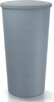 A gray plastic rain barrel with a lid.