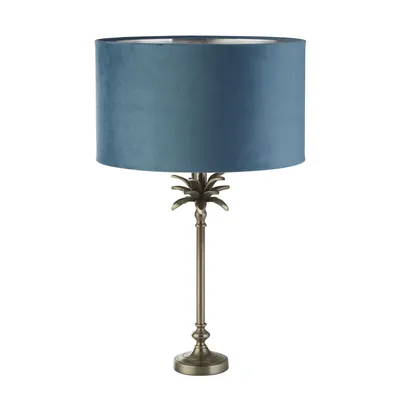 Obrázok produktu pre Palm Tischleuchte silber antik messing Samtschirm blau-grün