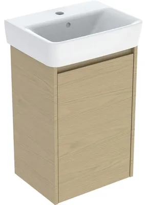 Produktbild von Geberit Renova Plan Set Handwaschbecken mit Unterschrank, eine Tür: 45x69.7x34cm, Breite Waschtisch=45cm, Waschtisch: weiß, Korpus, Front: Eiche natur / Melamin Holzstruktur