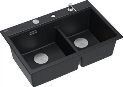 Obrázok produktu pre QUADRON Dvojdrezový drez | Rozmery: 76 x 50 x 23,5 cm | MARC 120 | Granitový drez z GraniteQ so sifónom + dávkovačom + doskou | Uhlík + oceľ