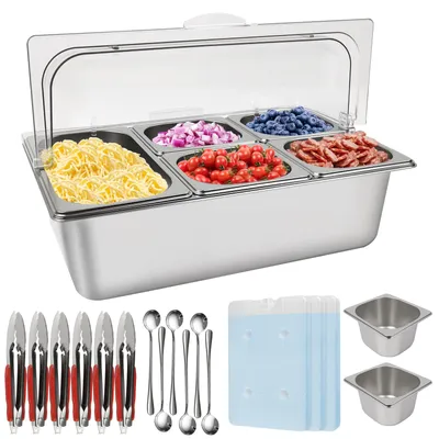 Buffetstation mit 7 Edelstahlpfannen, Gewürzorganizer, Salatbar