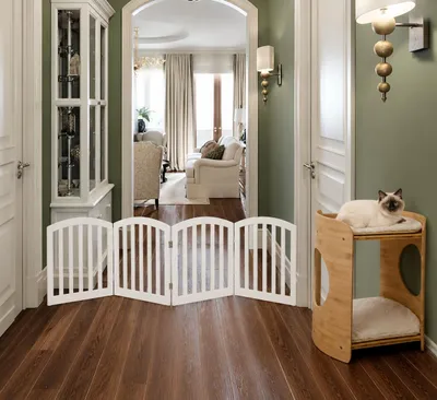 Imagen del producto de Juego de muebles ecológicos para mascotas (2 piezas): cama de bambú de dos niveles para gatos y barrera plegable de cuatro piezas para mascotas
