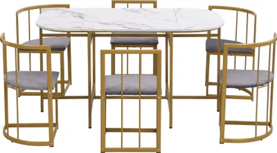 Produktbild von Flieks Essgruppe 7-tlg, Esstisch mit 6 Stühlen, Küchentischset Esszimmergruppe mit Polstersitzfläche, Sitzgruppe Esstisch Oval, Gold