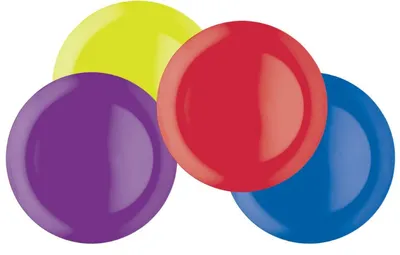 Four colorful plates arranged in a cluster on a white background.