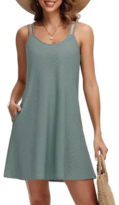 Produktbild von Tanmolo Damen Sommer Kleid Spaghettiträger Kurz Strandkleid Freizeitkleid, Hellg