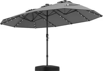 Immagine prodotto di COSTWAY ombrellone doppio 450x260cm con LED solare, manovella e supporto, ombrellone da giardino XXL UPF 50+, ombrellone da patio, ombrellone da mercato grigio