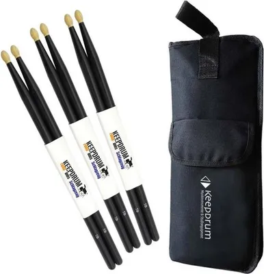 Image de keepdrum 5BB Black baguettes de batterie 3 paires avec stickbag