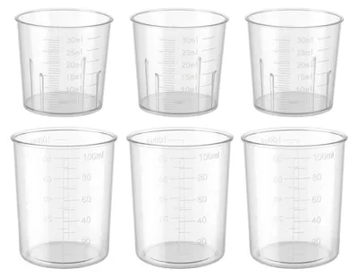 Obrázok produktu pre Sada odmerných pohárov, 6 kusov, 30 ml a 100 ml, plastové, priehľadné, vhodné do kuchyne a laboratória