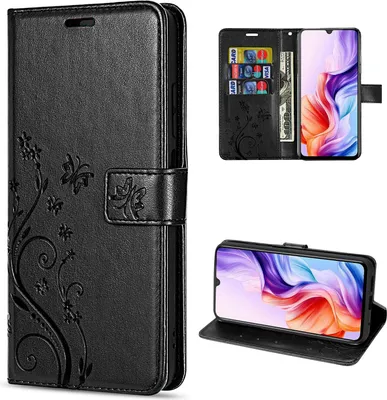 A black leather flip phone case with a floral embossed design, shown open and closed, and a phone inside.