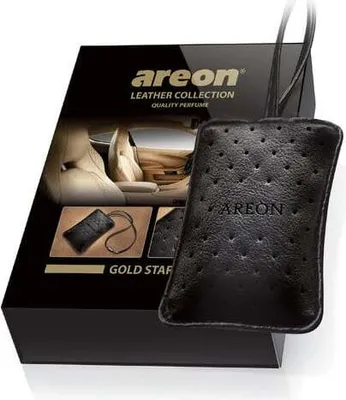 A product box for an AREON Leather Collection air freshener, with the product itself displayed prominently.