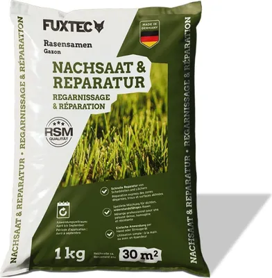 Immagine prodotto di FUXTEC semi prato FX-RSNR1  risemina 1kg per 30m²   Germany  miscuglio di erba a rapida germinazione per rinfoltire e riparare il prato  resistente dallinizio primavera allautunno