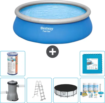 Produktbild von Bestway runder aufblasbarer Fast-Set-Schwimmpool – 457 x 122 cm – Blau – inklusive Pumpe – Leiter Abdeckung - Wartungspaket - Filter - Bodenfliesen