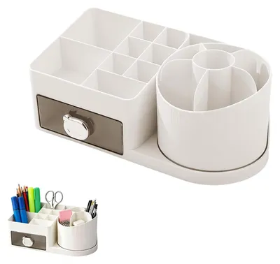 Produktbild von Drehbarer Schreibtisch-Organizer mit 15 Fächern und einer Schublade, 360°-Stifthalter für Büro, Schule, Hautpflege und Bastelbedarf