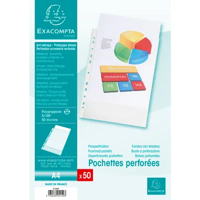 Produktbild von Exacompta 20x Pack 50 Prospekthüllen gelocht genarbtem PP 50µ A4 Kristall 5150E