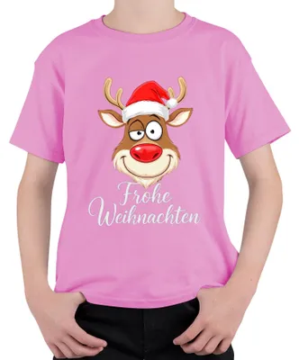 Produktbild von Frohe Weihnachten Rentier Rudolph Weihnachtsmütze Lustig Cartoon Kinder T-Shirt, Pink, 116