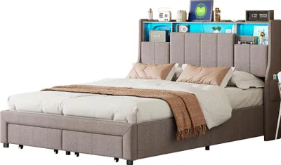 Imagen del producto de Cama Moonbite con espacio de almacenamiento, 160x200 cm, tapizada en lino gris, con 2 cajones, compartimento en la cabecera, iluminación LED y puertos USB, capacidad de carga: 300 kg