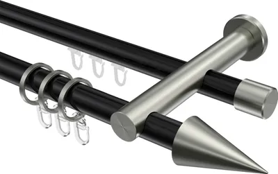 Produktbild von Interdeco Rundrohr-Innenlaufstange / Gardinenstange (Kombination) Schwarz / Edelstahl-Optik, Typ Platon Savio (Kegel), 20 mm Ø 2-läufig, 600 cm
