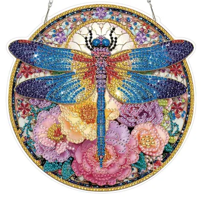 Productafbeelding van 5D Diamant Schilderkunst, hangende decoratie, libelle en bloemen, raamdecoratie, dubbelzijdig met ketting, 19,2 x 19,3 cm, roze, blauw, paars