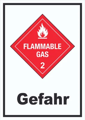 Produktbild von Schild Entzündliche Gase Gefahr Flammable Gas Flamme hochkant A6 Rückseite selbstklebend
