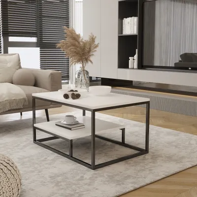 Produktbild von Design Möbel Couchtisch mit Ablage 90 cm – Wohnzimmertisch, Kaffeetisch, Sofatisch, Metallbeine, Industrie Stil, Tischplatte mit unterer Ablage