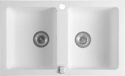 A top-down view of a white double kitchen sink with two drains and a faucet hole.