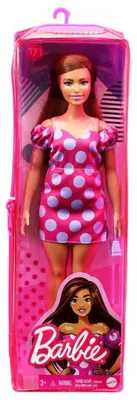 Produktbild von Puppe Barbie Fashionistas, brünett, mit rosa gepunktetem Kleid