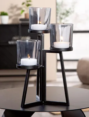 Produktbild von Gilde Windlicht, "Triade", Metall, schwarz, VE 1, L. 21 cm, B. 21 cm, H. 36 cm Höhe: 36.00 cm Breite: 21.00 cm Tiefe: 21.00cm 69869