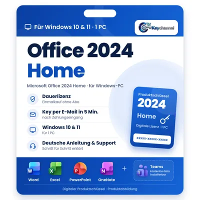 Produktbild von Microsoft Office 2024 Home | Vollversion für Windows 10/11 | 1 PC | Dauerlizenz ohne Abo | Key per E-Mail in 5 Min.