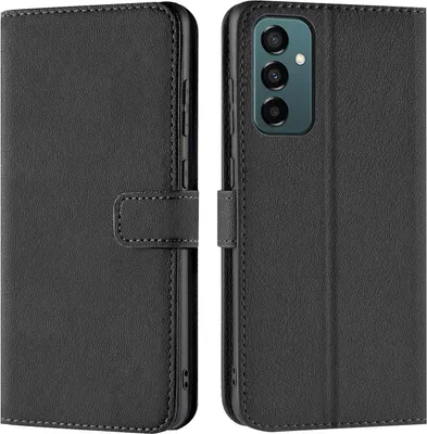 A black leather flip case for a smartphone is shown from two angles.
