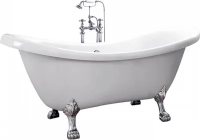 A white freestanding bathtub with silver claw feet and a chrome faucet.