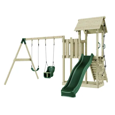 Produktbild von OutdoorToys Spielturm mit Wellenrutsche und 2x Kinder-Schaukel, Outdoor Klettergerüst Garten mit Plattform, Ausführung: Babyschaukel, Farbe: Smaragdgrün Babyschaukel