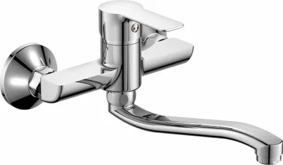 A chrome faucet with a swiveling spout is shown against a white background.