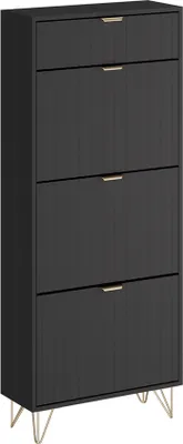 A tall, narrow black shoe cabinet with three flip-down drawers and gold handles, standing on thin gold legs.