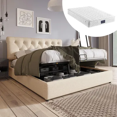 Image de OKWISH Lit Coffre 160x200 cm avec Tête Réglable et Rangement Hydraulique - Lit Double Capitonné Adulte en Lin et Métal - Matelas Inclus - Naturel