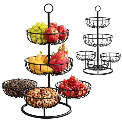Image de Panier à fruits à 5 niveaux, présentoir à fruits, corbeille en métal noir pour les collations et les légumes