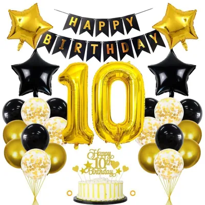Zdjęcie produktu dla Zestaw dekoracji urodzinowych "10 lat" w kolorach czerni i złota, zawierający 32 elementy: balony, dekoracje do tortu i baner