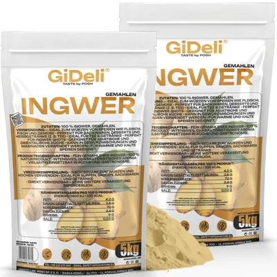 Immagine prodotto di Polvere di zenzero, 10 kg. Zenzero macinato, prodotto naturale, ideale per tè, frullati e bevande vegane. Marca: GiDeli