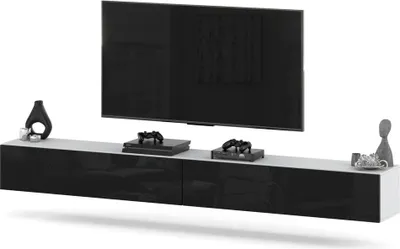Zdjęcie produktu dla Szafka Rtv Wisząca 280Cm Pod Tv Nowoczesna Do Salonu Biały Czarny Połysk