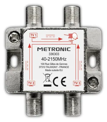 Obrázok produktu pre Metronic 336303 – rozdeľovač signálu pre televízor, koaxiálny splitter, kompatibilný s DVB-T2 a satelitnými signálmi, televízna anténa
