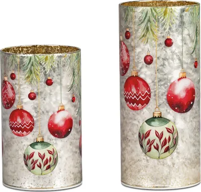 Produktbild von 2er Set LED Tischlampen WEIHNACHTSKUGELN silber rot 15 + 20cm Glas Formano W25