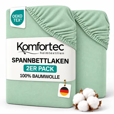 Produktbild von Komfortec 2er Pack Jersey Spannbettlaken 160x200 cm, 100% Baumwolle, Doppelpack Spannbettuch, Grün