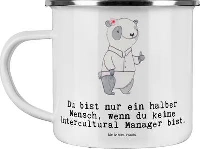 Produktbild von Mr. & Mrs. Panda Emaille Tasse Intercultural Manager Herz - Weiß - Geschenk, Becher, Teetasse, Pott, Kaffeepott