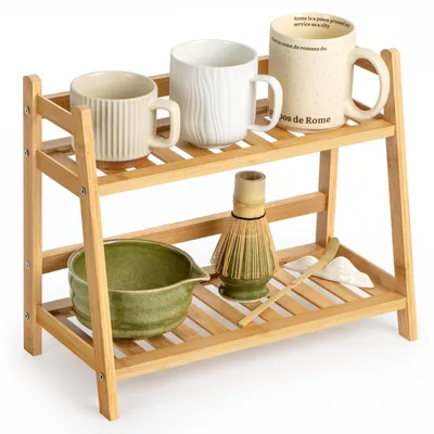 Produktbild von Küchenorganizer mit 2 Ablagen für Tassen und Gewürze, Stauraum für Matcha und Kaffeezubehör.