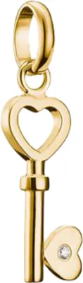 A gold-colored charm in the shape of a key with a heart at the top and a small diamond on the key's bit.