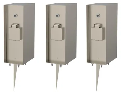 Produktbild von Novatool 2x Steckdosensäule 3-fach Silber gebürstet Edelstahl eckig IP44 mit Erdspieß mit Dämmerungs-Sensor Steckdose Garten Gartensteckdose Outdoor Steckdosensäule Aussen Steckdosenturm (Elektro)